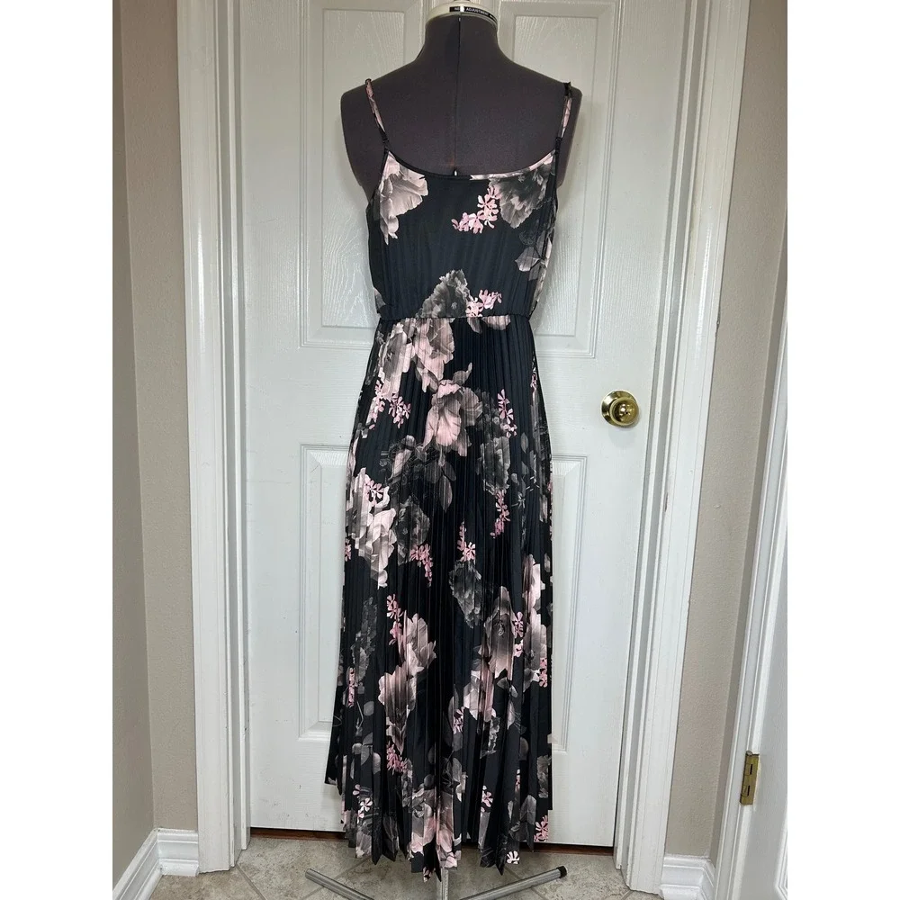 AllSaints Leowa Gia Black Pink Floral Pleated Midi Romantic Moody Slip Dress M - Picture 5 of 12
